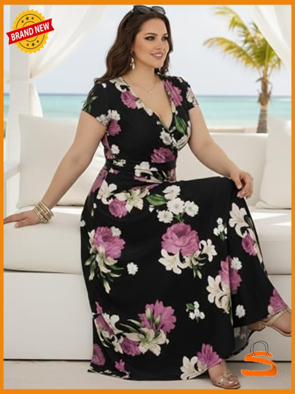Flowing Floor Length Maxi Dress with Short Sleeves V-Neck Plus Size - Picture 5 of 7